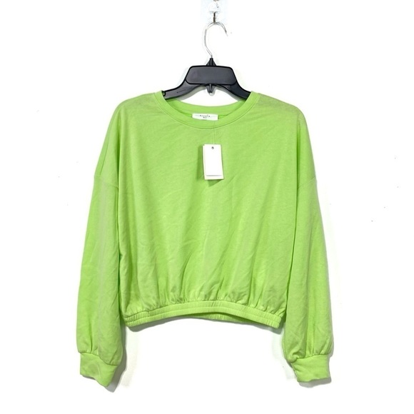 NWT Elodie Crew Neck Pullover Sweatshirt Crop Elastic Waist Neon Green Size S - Picture 3 of 8